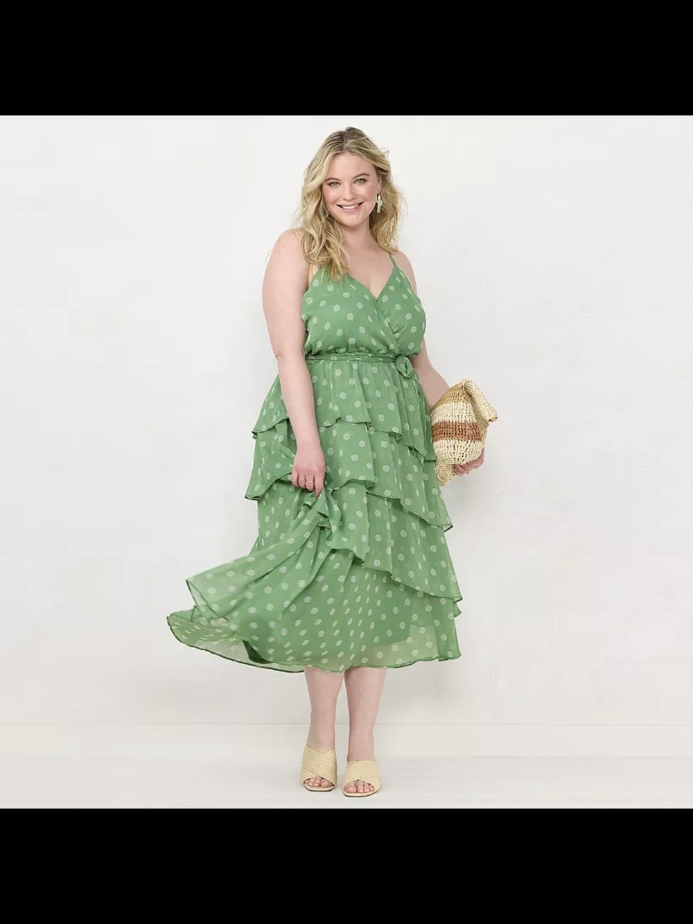 New Lauren Conrad LC Women's Green Polka Dot Ruffle Strappy Tiered Midi Dress XL